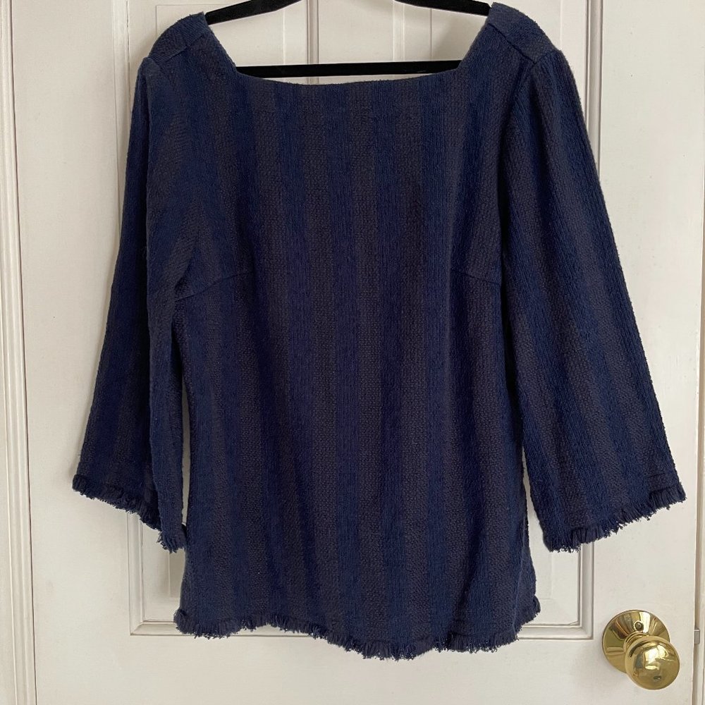 Trina Turk Navy-Brown Stripes Tweed  Top V Neck Back Fringe Trim XS 0